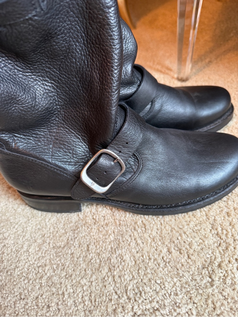 Frye Black Leather Boots with Silver Buckle